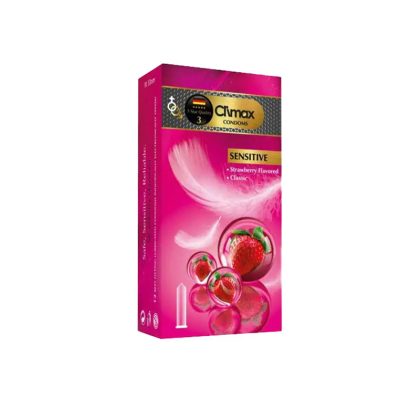💖 کاندوم حساس و نازک کلایمکس مدل Sensitive (با رایحه توت فرنگی) بسته ۱۲ عددی